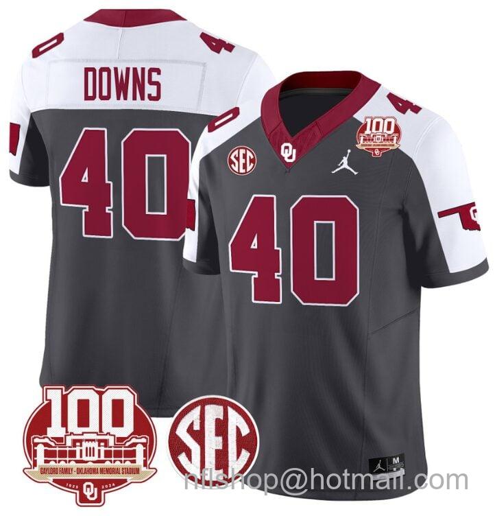 Men's Jordan Brand Ethan Downs Jersey #40 Oklahoma Sooners 100th Anniversary Patch Vapor Limited College Football Stitched Anthracite Alternate