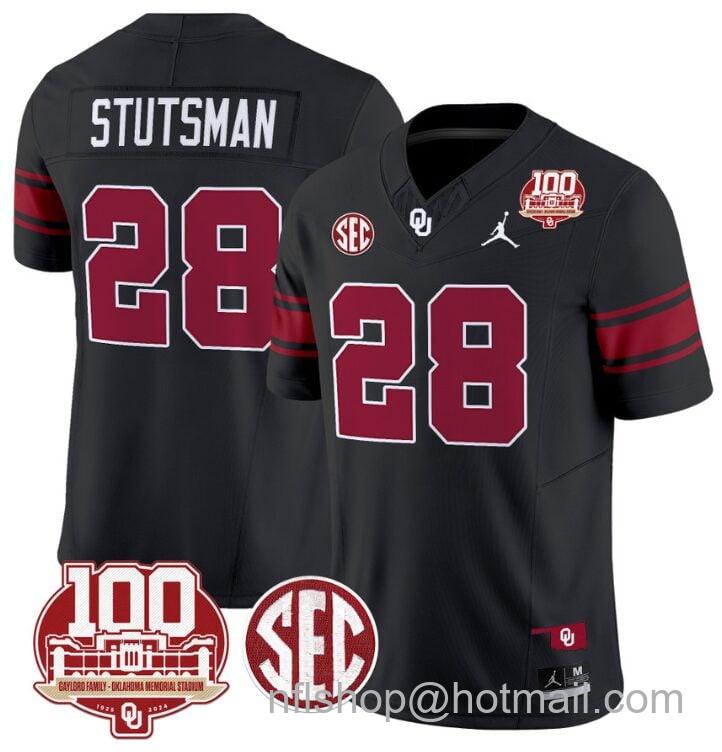 Men's Jordan Brand Danny Stutsman Jersey #28 Oklahoma Sooners 100th Anniversary Patch Vapor Limited College Football Stitched Black