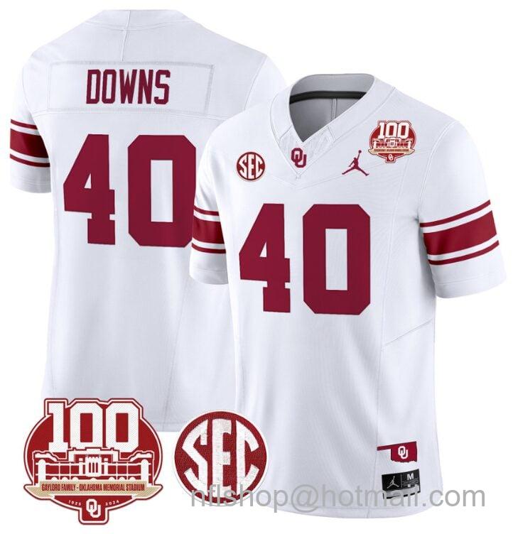 Men's Jordan Brand Ethan Downs Jersey #40 Oklahoma Sooners 100th Anniversary Patch Vapor Limited College Football Stitched White