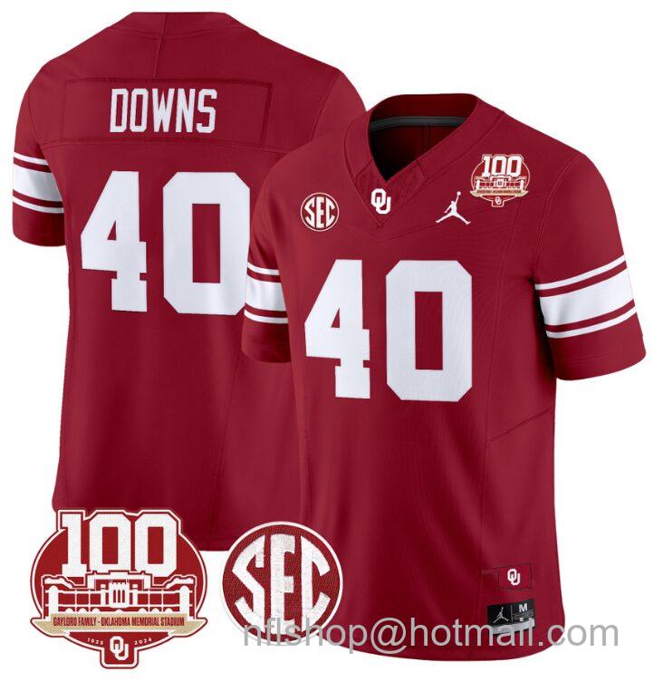 Men's Jordan Brand Ethan Downs Jersey #40 Oklahoma Sooners 100th Anniversary Patch Vapor Limited College Football Stitched Crimson