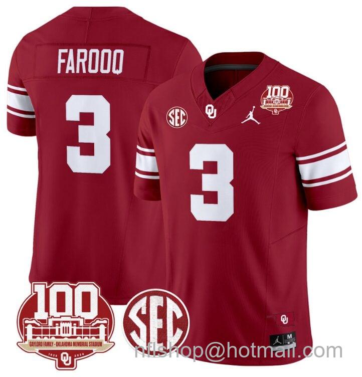 Men's Jordan Brand Jalil Farooq Jersey #3 Oklahoma Sooners 100th Anniversary Patch Vapor Limited College Football Stitched Crimson