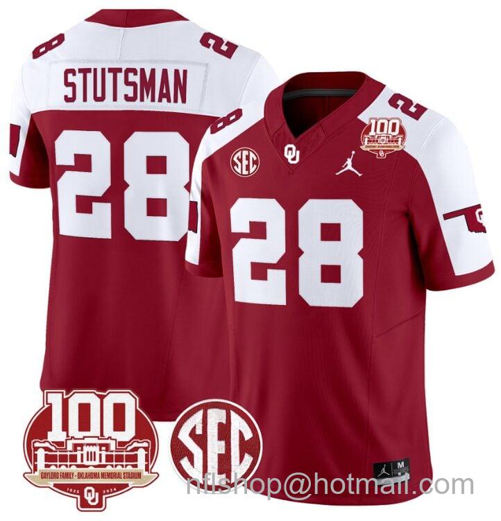 Men's Jordan Brand Danny Stutsman Jersey #28 Oklahoma Sooners 100th Anniversary Patch Vapor Limited College Football Stitched Crimson Alternate