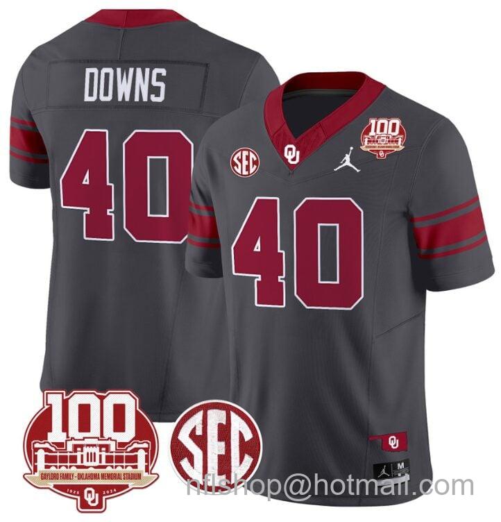 Men's Jordan Brand Ethan Downs Jersey #40 Oklahoma Sooners 100th Anniversary Patch Vapor Limited College Football Stitched Anthracite