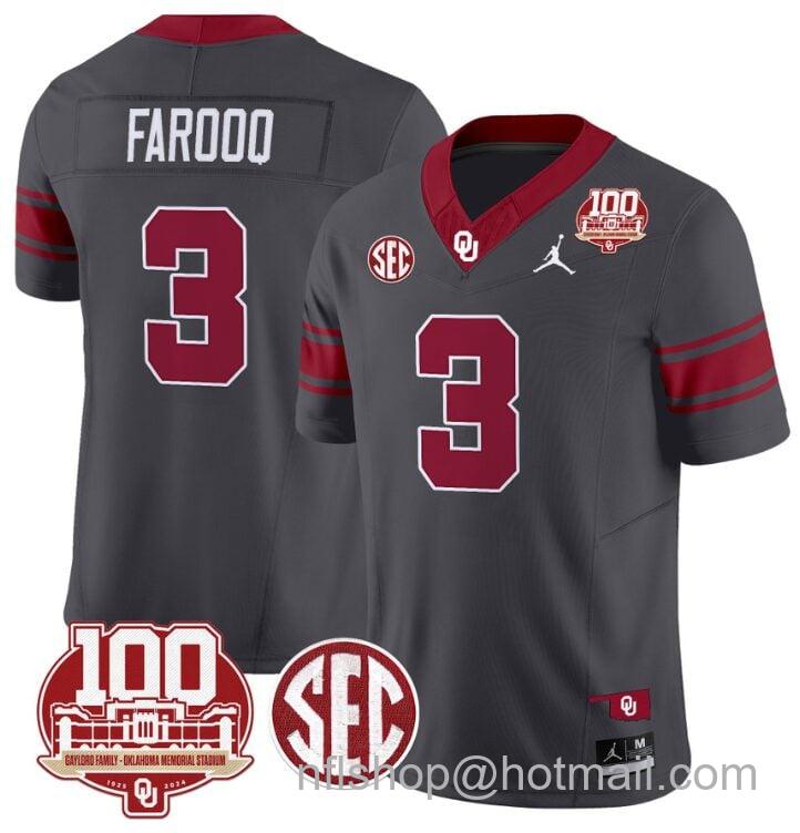 Men's Jordan Brand Jalil Farooq Jersey #3 Oklahoma Sooners 100th Anniversary Patch Vapor Limited College Football Stitched Anthracite