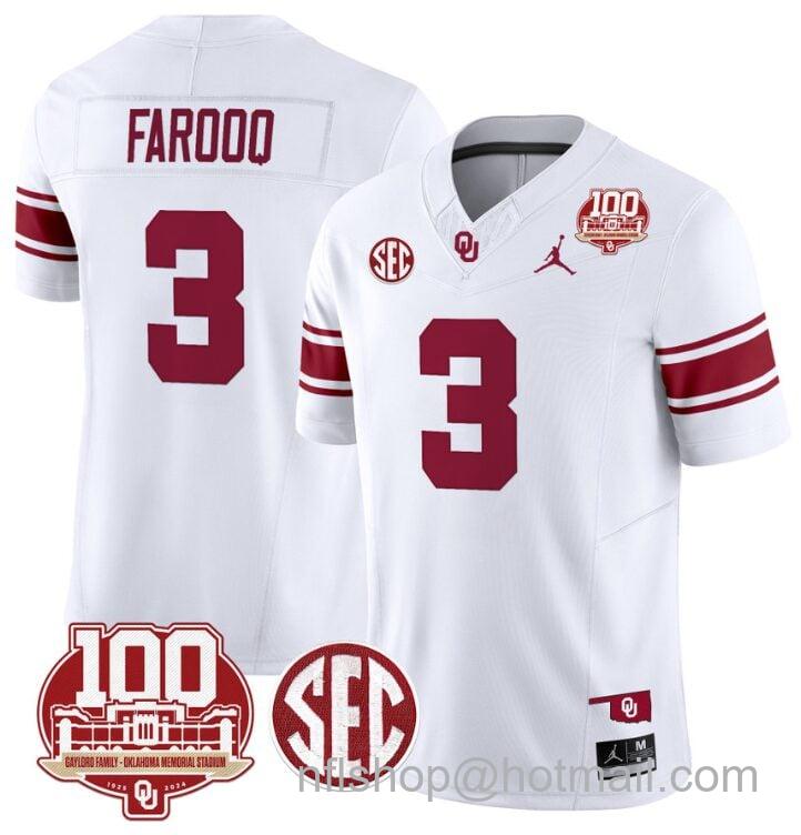 Men's Jordan Brand Jalil Farooq Jersey #3 Oklahoma Sooners 100th Anniversary Patch Vapor Limited College Football Stitched White