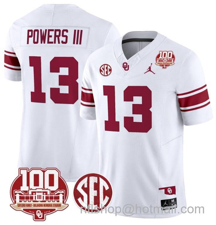 Men's Jordan Brand Reggie Powers III Jersey #13 Oklahoma Sooners 100th Anniversary Patch Vapor Limited College Football Stitched White