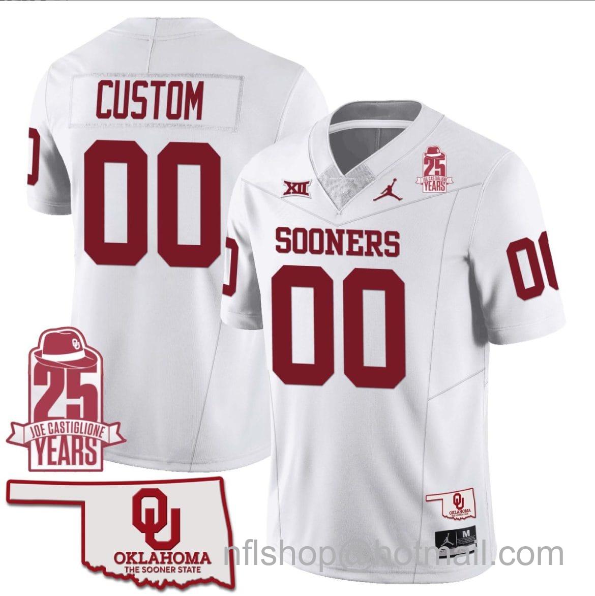 Men's Jordan Brand Custom Oklahoma Sooners Jersey Name and Number 25th Anniversary Patch Football White