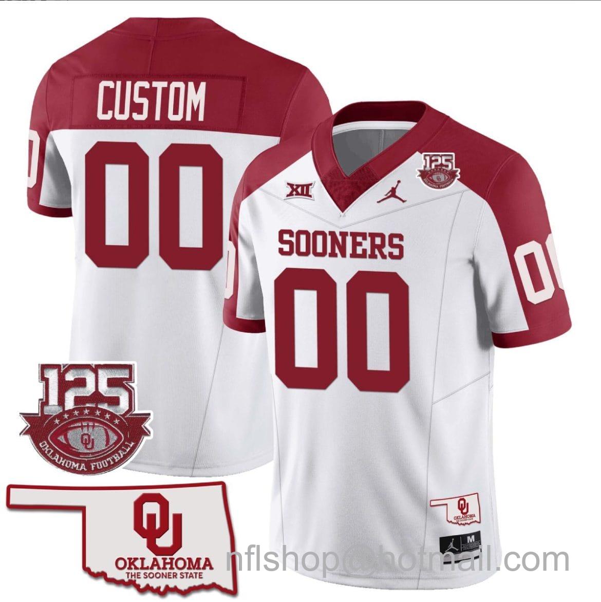 Men's Jordan Brand Custom Oklahoma Sooners Jersey Name and Number 125th Season Patch Football Alternate White