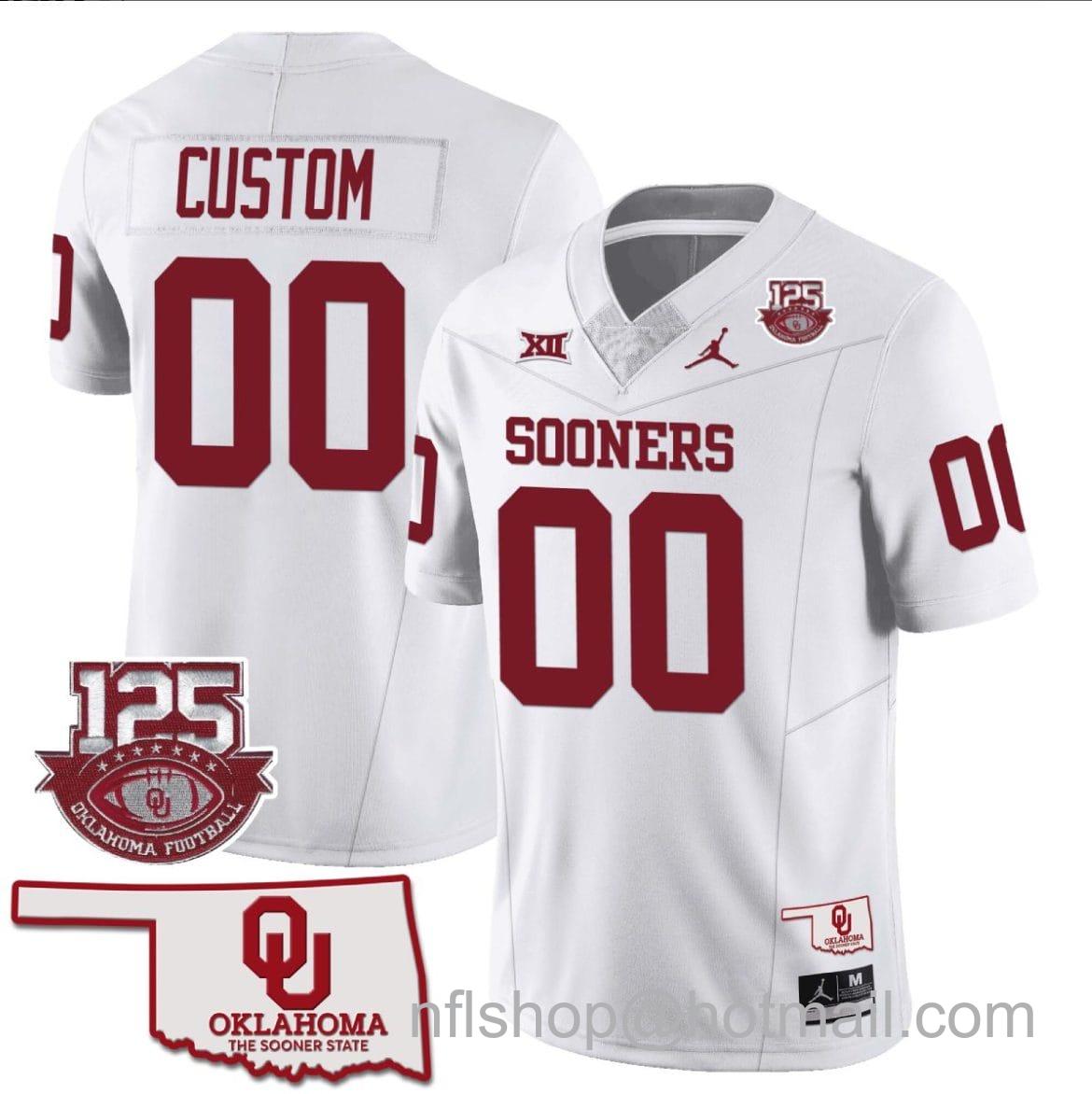 Men's Jordan Brand Custom Oklahoma Sooners Jersey Name and Number 125th Season Patch Football White