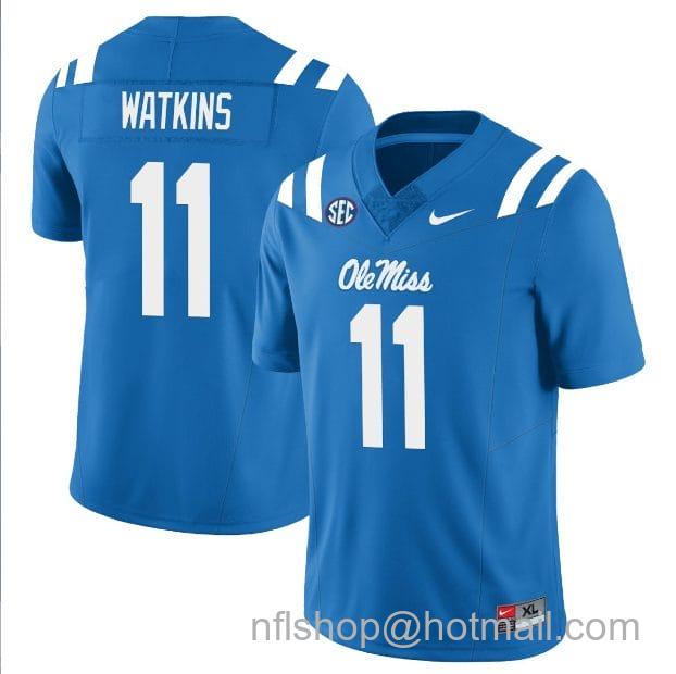 Men's Nike Jordan Watkins Jersey #11 Ole Miss Rebels Football All Stitched Blue