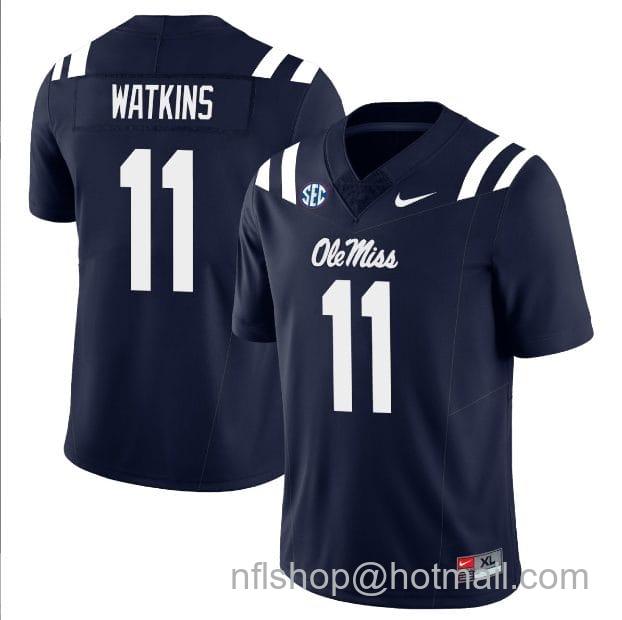 Men's Nike Jordan Watkins Jersey #11 Ole Miss Rebels Football All Stitched Navy