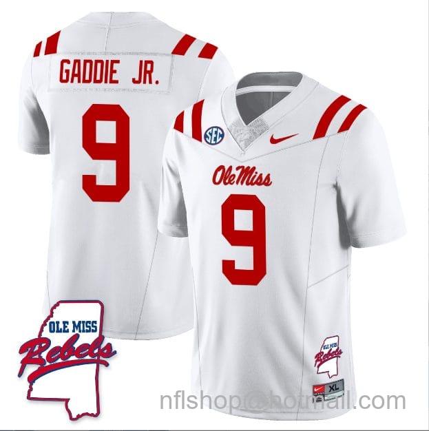 Men's Nike DeShawn Gaddie Jr Jersey #9 Ole Miss Rebels Football Ole Map All Stitched White