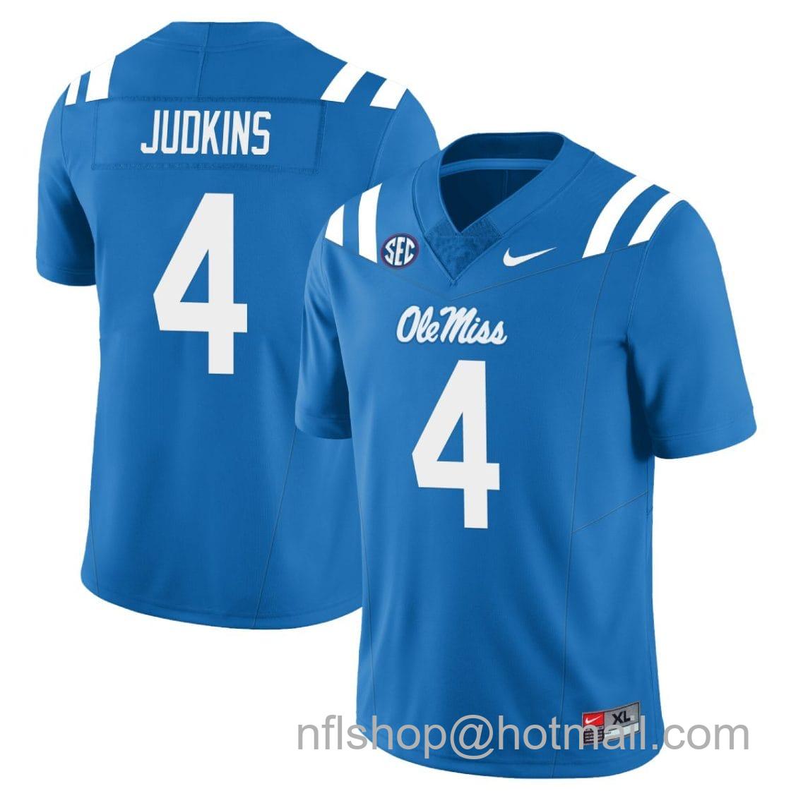 Men's Nike Quinshon Judkins Jersey #4 Ole Miss Rebels Football All Stitched Blue