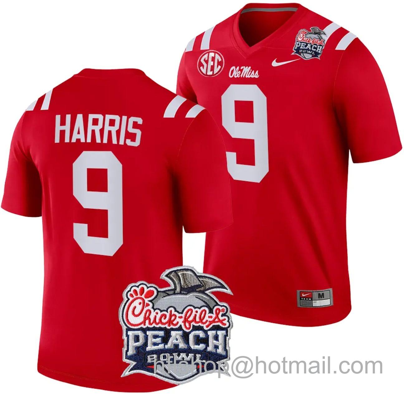 Men's Nike Tre Harris Jersey #9 Ole Miss Rebels Peach Bowl Patch 2024 College Football Red