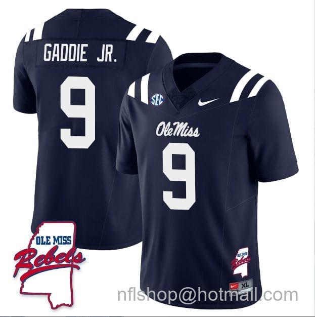 Men's Nike DeShawn Gaddie Jr Jersey #9 Ole Miss Rebels Football Ole Map All Stitched Navy