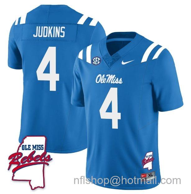 Men's Nike Quinshon Judkins Jersey #4 Ole Miss Rebels Football Ole Map All Stitched Blue