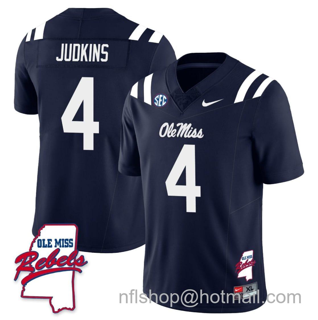 Men's Nike Quinshon Judkins Jersey #4 Ole Miss Rebels Football Ole Map All Stitched Navy