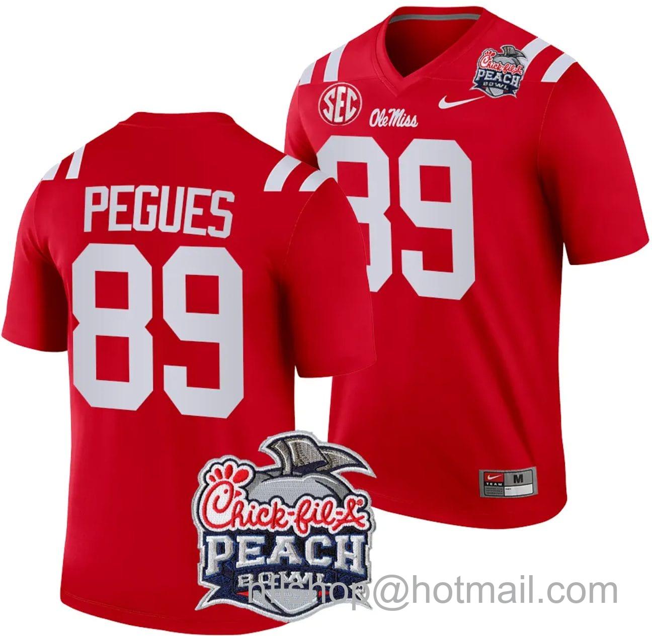 Men's Nike JJ Pegues Jersey #89 Ole Miss Rebels Peach Bowl Patch 2024 College Football Red