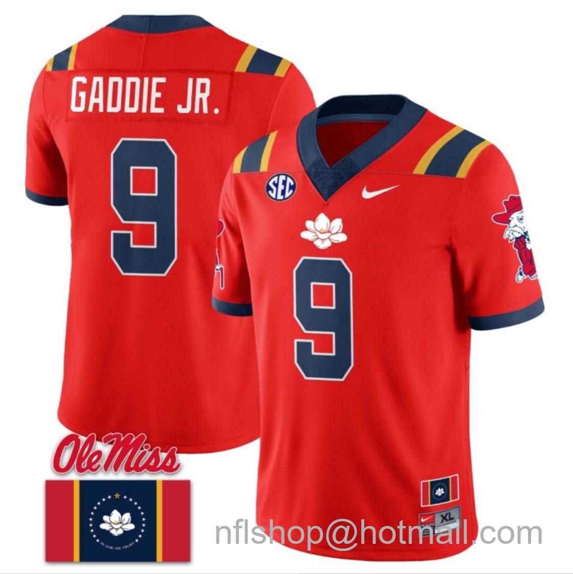 Men's Nike DeShawn Gaddie Jr Jersey #9 Ole Miss Rebels Football Flag Patch All Stitched Red