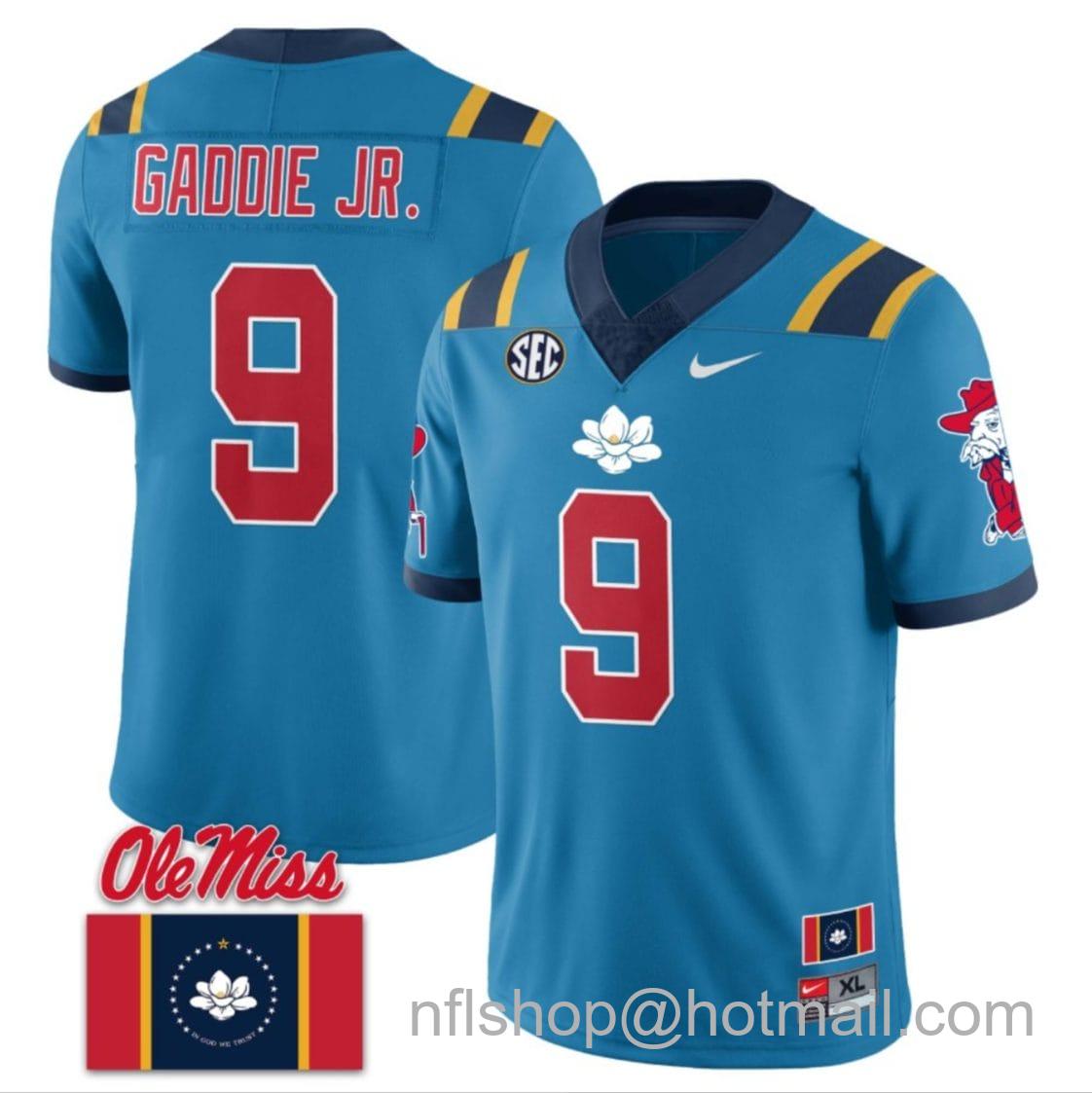 Men's Nike DeShawn Gaddie Jr Jersey #9 Ole Miss Rebels Football Flag Patch All Stitched Blue 2