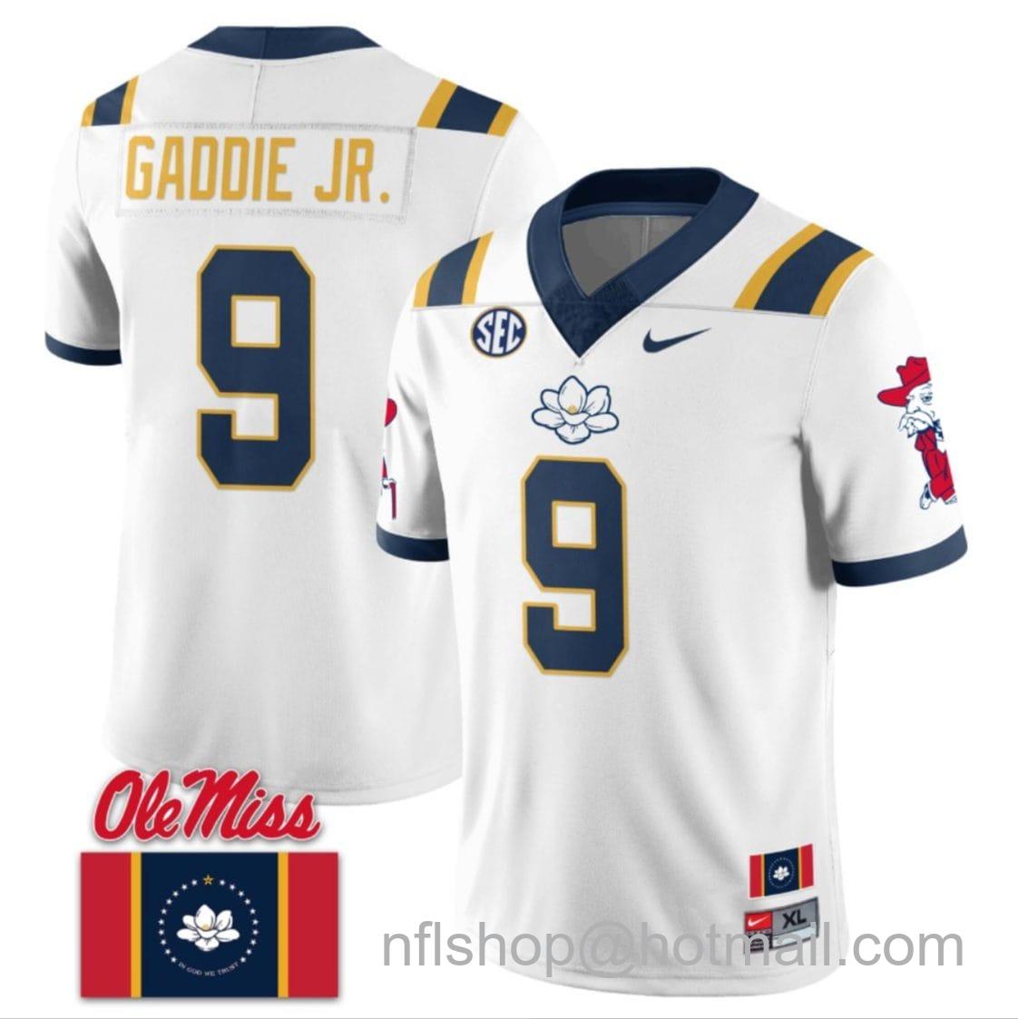 Men's Nike DeShawn Gaddie Jr Jersey #9 Ole Miss Rebels Football Flag Patch All Stitched White 1