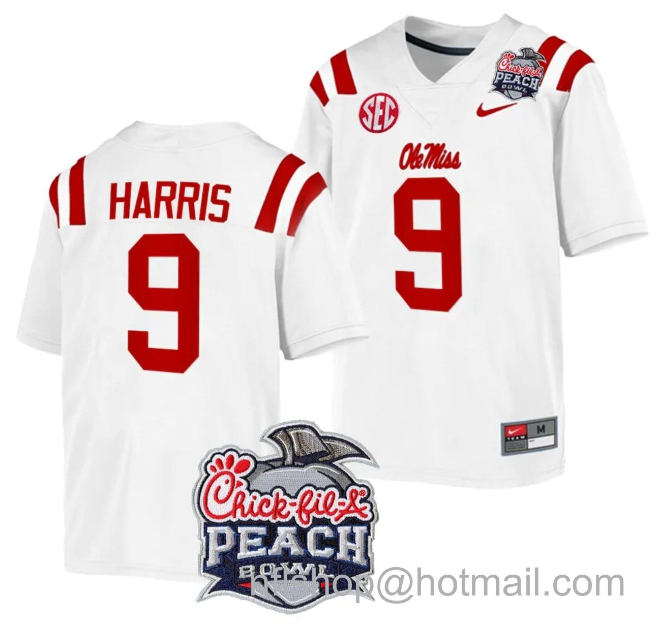 Men's Nike Tre Harris Jersey #9 Ole Miss Rebels Peach Bowl Patch 2024 College Football White