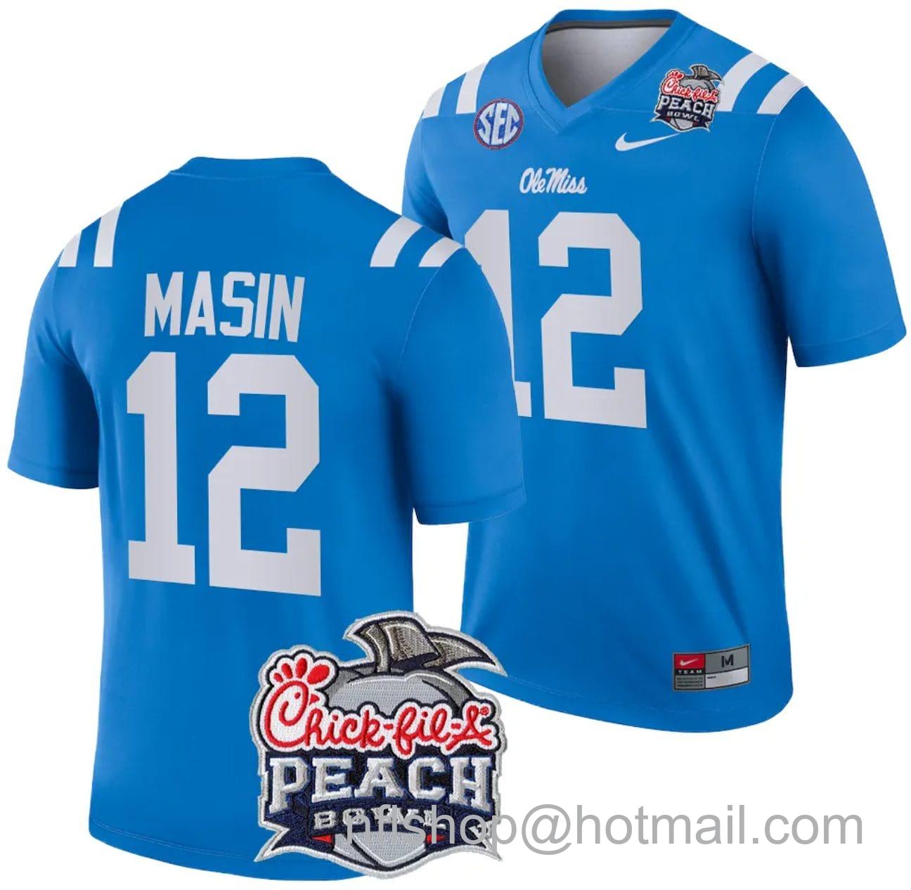 Men's Nike Fraser Masin Jersey #12 Ole Miss Rebels Peach Bowl Patch 2024 College Football Blue