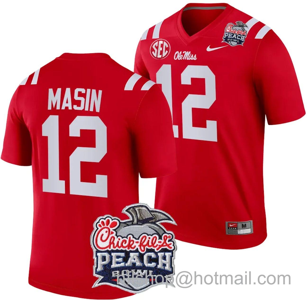 Men's Nike Fraser Masin Jersey #12 Ole Miss Rebels Peach Bowl Patch 2024 College Football Red