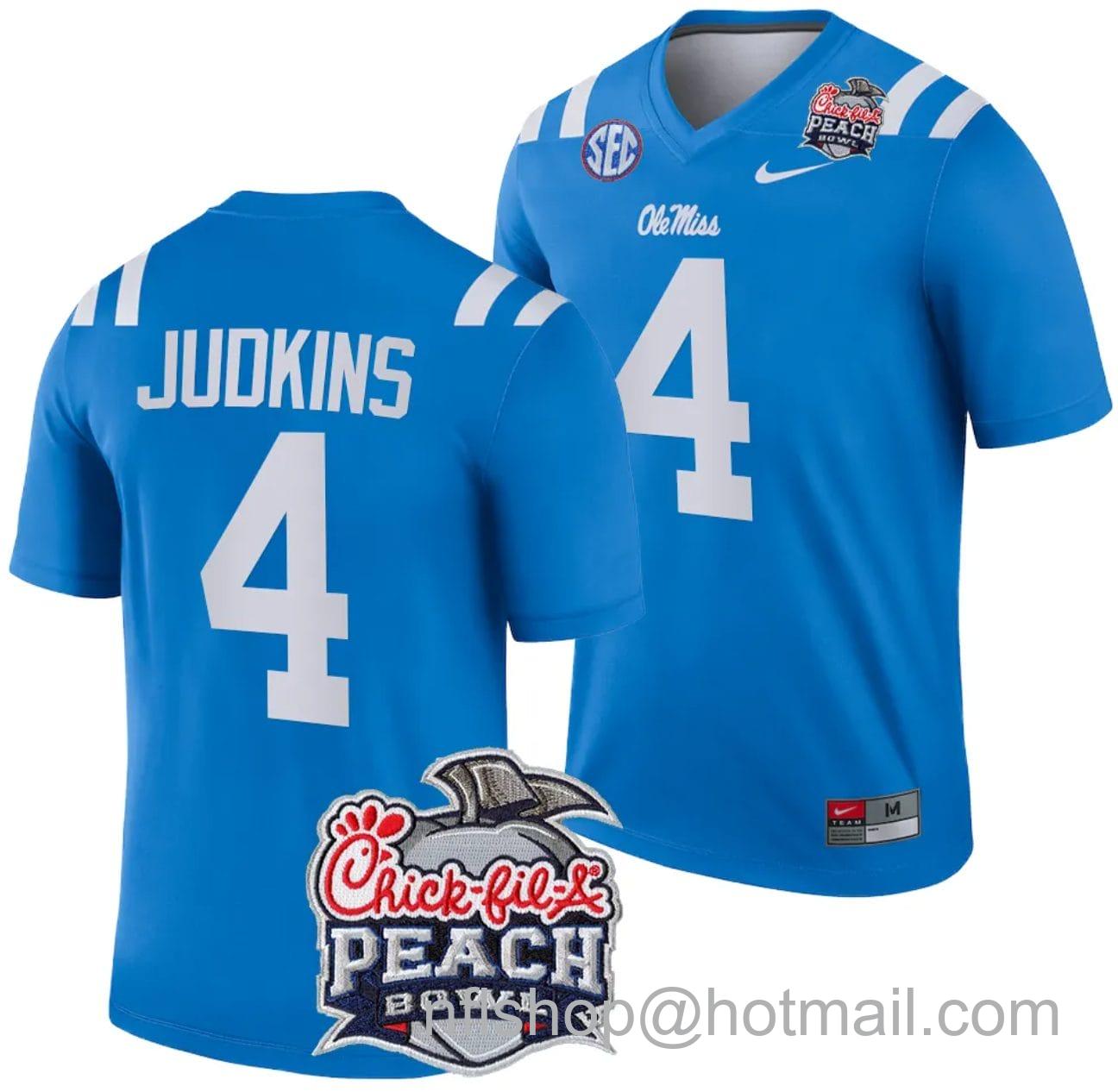 Men's Nike Quinshon Judkins Jersey #4 Ole Miss Rebels Peach Bowl Patch 2024 College Football Blue