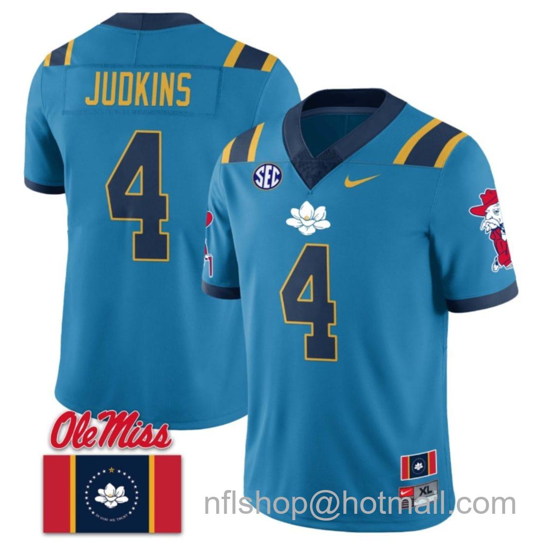 Men's Nike Quinshon Judkins Jersey #4 Ole Miss Rebels Football Ole Miss Flag All Stitched Blue 1