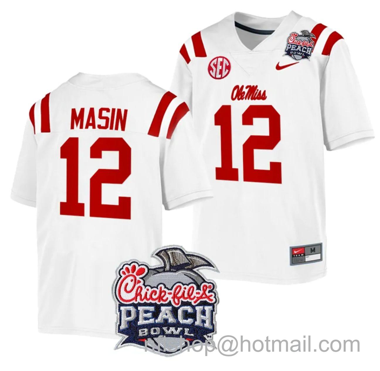 Men's Nike Fraser Masin Jersey #12 Ole Miss Rebels Peach Bowl Patch 2024 College Football White