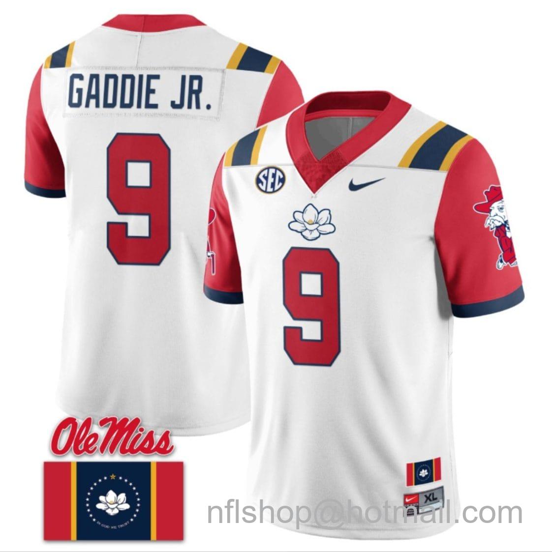 Men's Nike DeShawn Gaddie Jr Jersey #9 Ole Miss Rebels Football Flag Patch All Stitched White 2