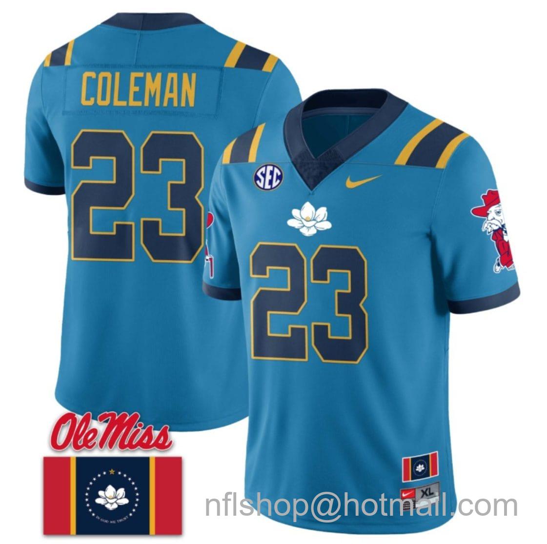 Men's Nike Khari Coleman Jersey #23 Ole Miss Rebels Football Ole Miss Flag All Stitched Blue 1