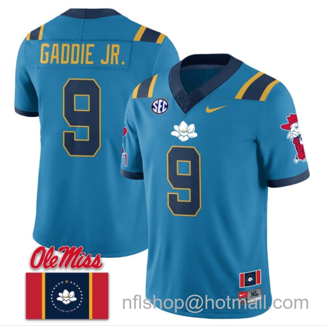 Men's Nike DeShawn Gaddie Jr Jersey #9 Ole Miss Rebels Football Flag Patch All Stitched Blue 1