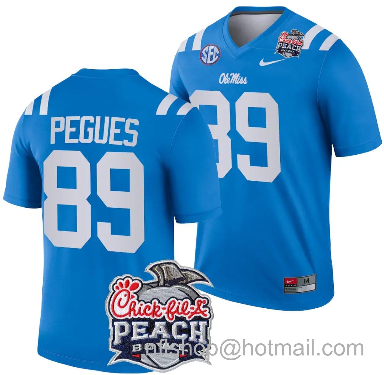 Men's Nike JJ Pegues Jersey #89 Ole Miss Rebels Peach Bowl Patch 2024 College Football Blue