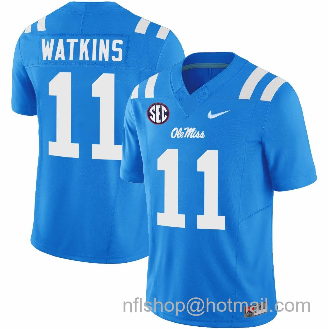 Men's Nike Jordan Watkins Jersey #11 Ole Miss Rebels Football Vapor Limited All Stitched Powder Blue