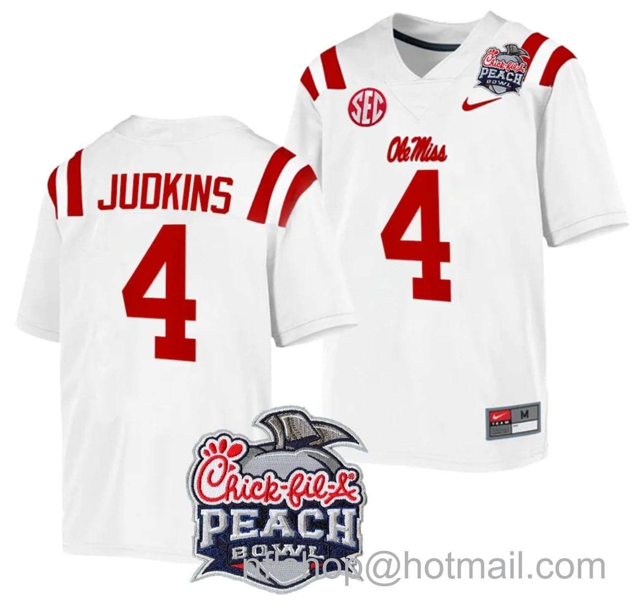 Men's Nike Quinshon Judkins Jersey #4 Ole Miss Rebels Peach Bowl Patch 2024 College Football White