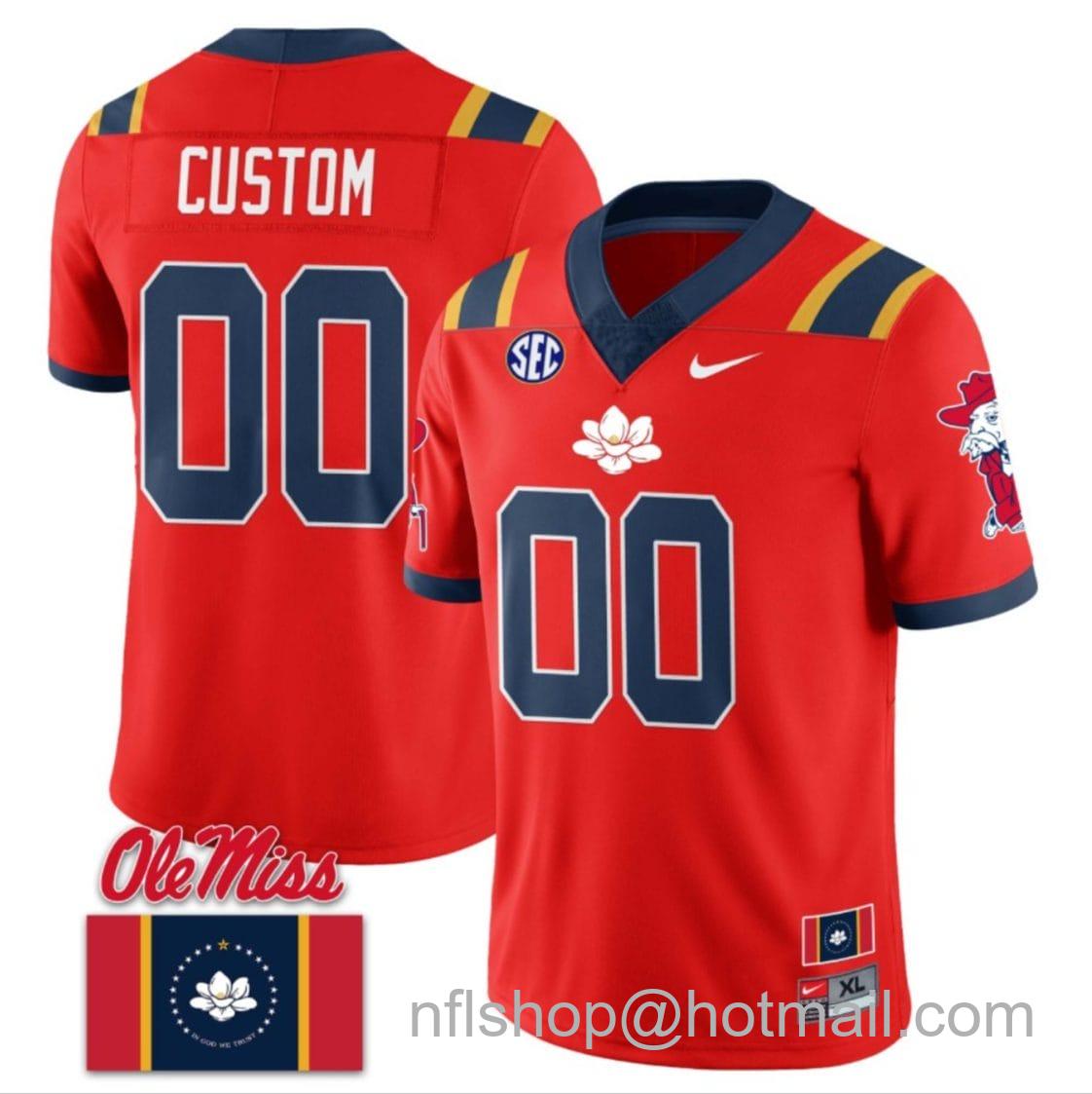 Men's Nike Custom Ole Miss Rebels Jersey Name and Number Football Flag Patch All Stitched Red