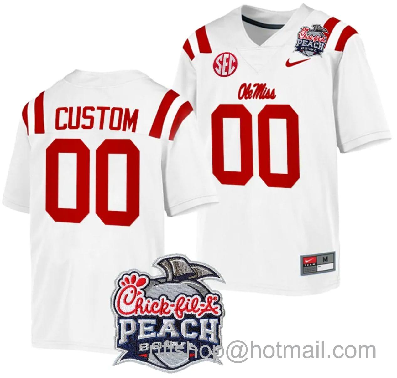 Men's Nike Custom Ole Miss Rebels Jersey Name and Number Peach Bowl Patch 2024 College Football Playoff White