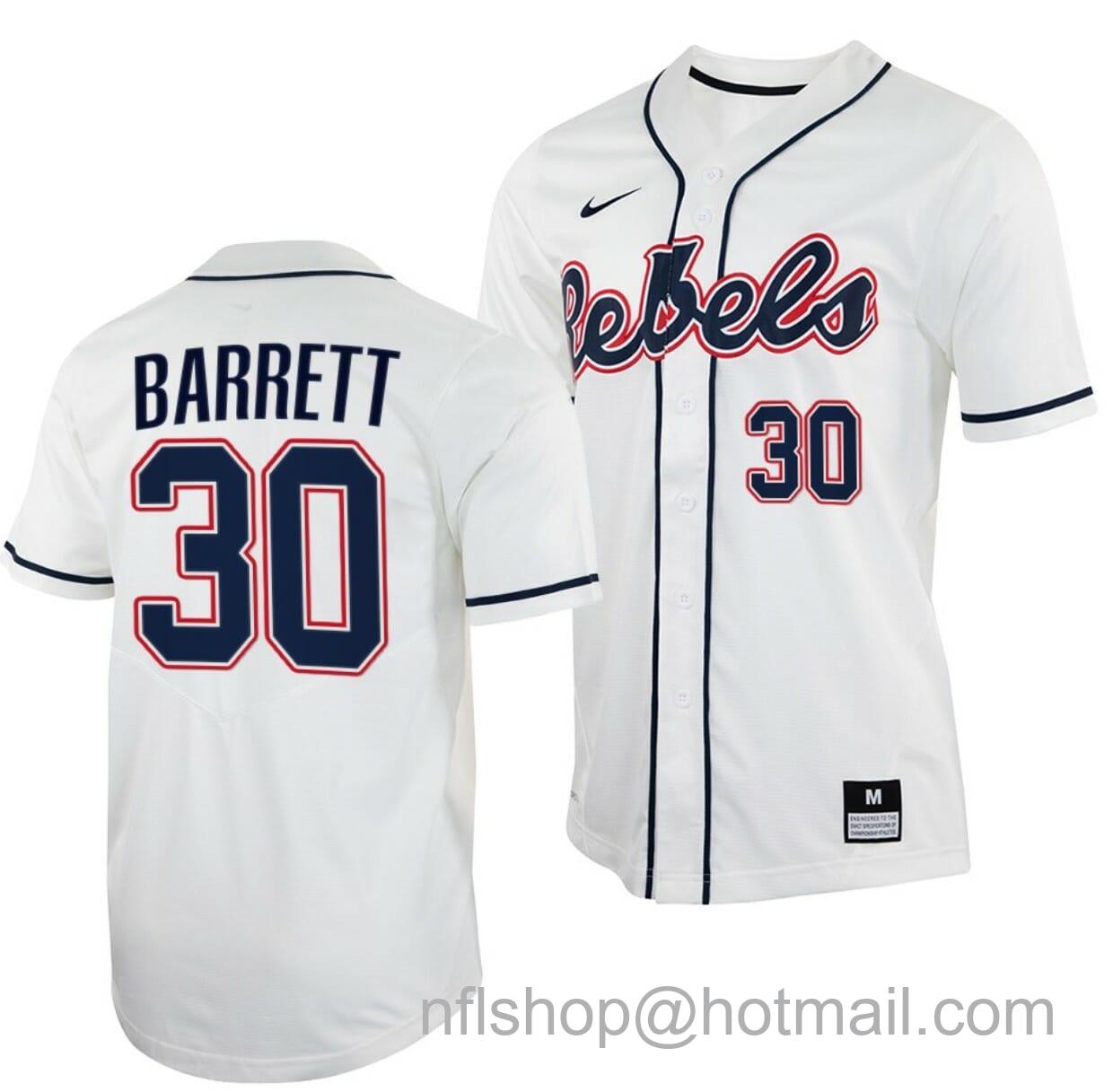 Men's Nike Aaron Barrett Jersey Ole Miss Rebels College Baseball White #30