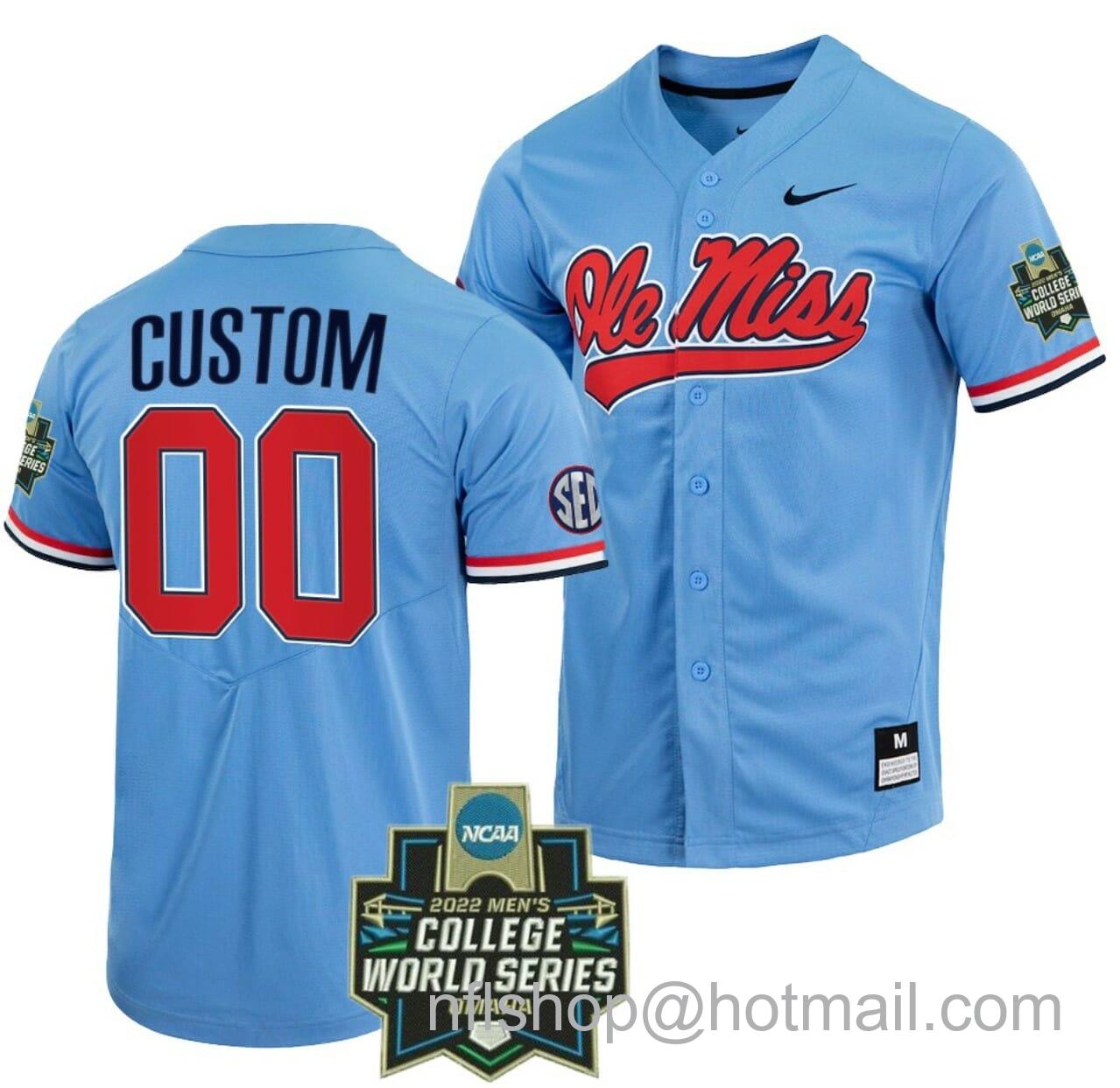 Men's Nike Custom Ole Miss Rebels Baseball Jersey Name and Number NCAA 2022 College World Series Blue