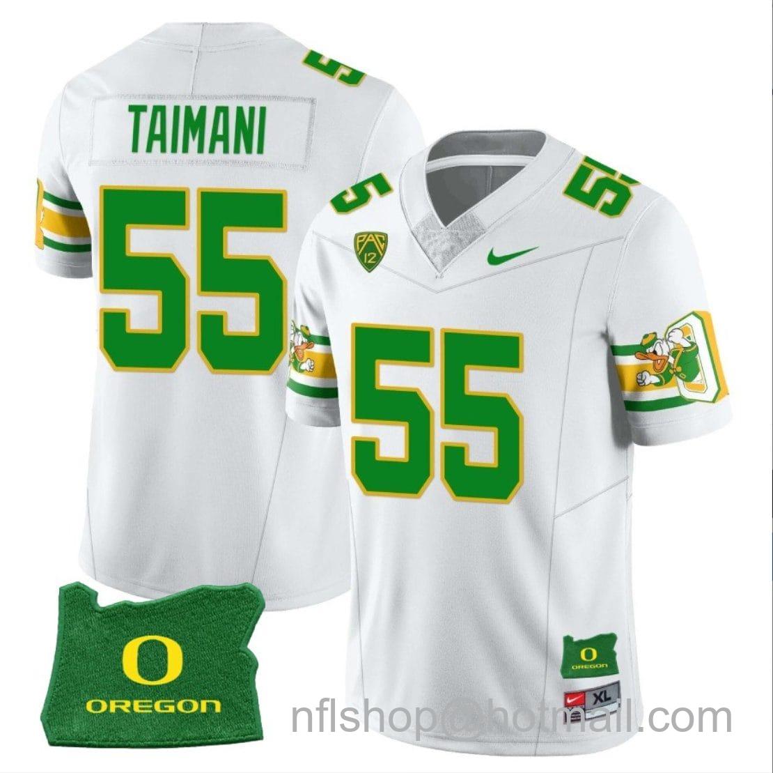 Men's Nike Sam Taimani Jersey #55 Oregon Ducks ‘Mighty Oregon’ Throwback Football Uniforms Oregon State Patch White