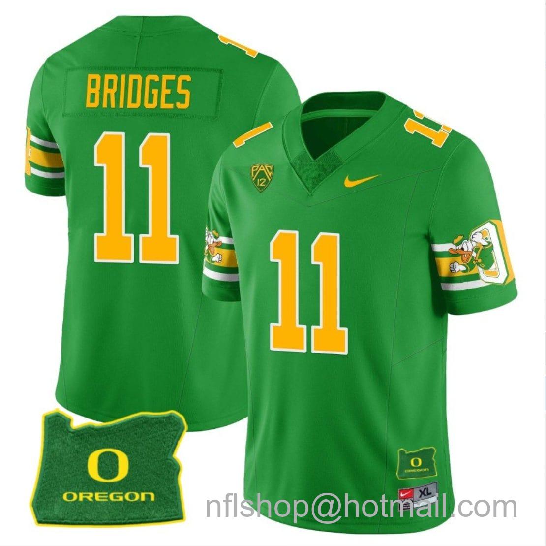 Men's Nike Trikweze Bridges Jersey #11 Oregon Ducks ‘Mighty Oregon’ Throwback Football Uniforms Oregon State Patch Green