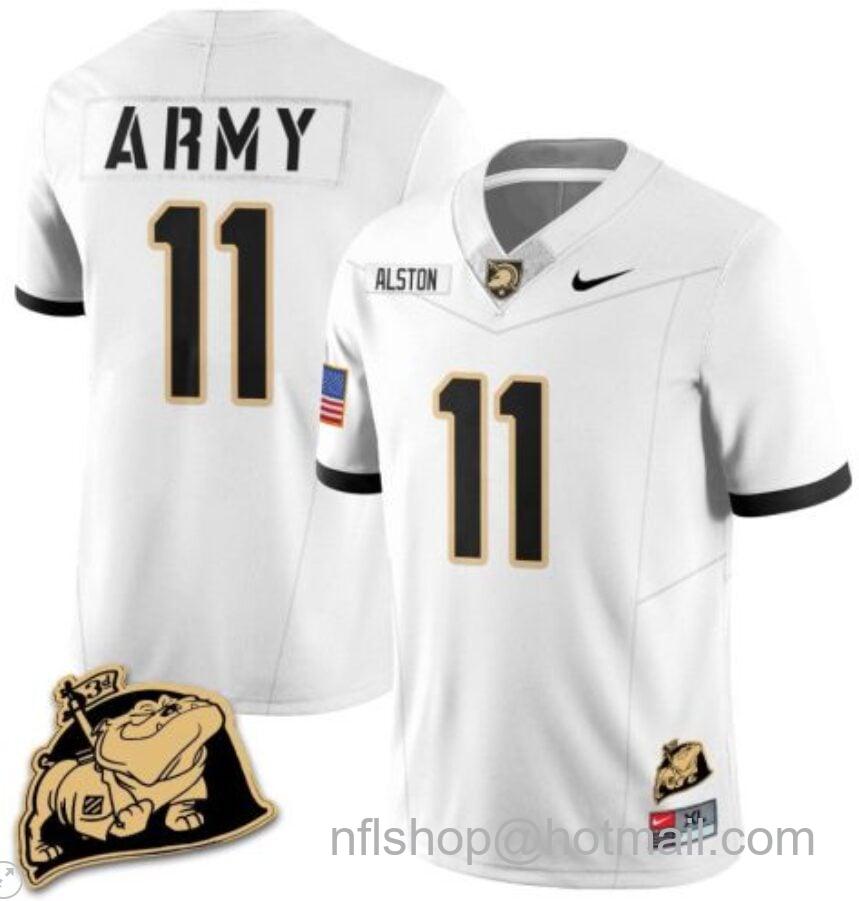 Men's Nike Isaiah Alston Jersey #11 Army Black Knights Jersey Rocky The Bulldog Patch Vapor Limited College Football Stitched White