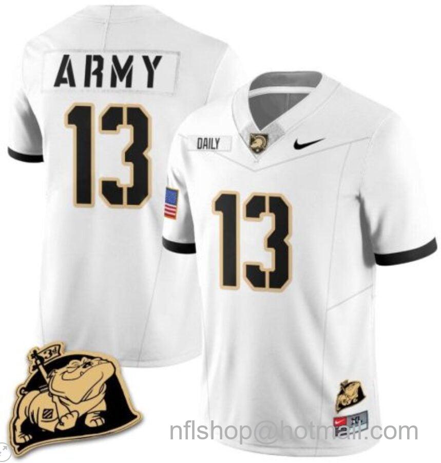 Men's Nike Bryson Daily Jersey #13 Army Black Knights Jersey Rocky The Bulldog Patch Vapor Limited College Football Stitched White