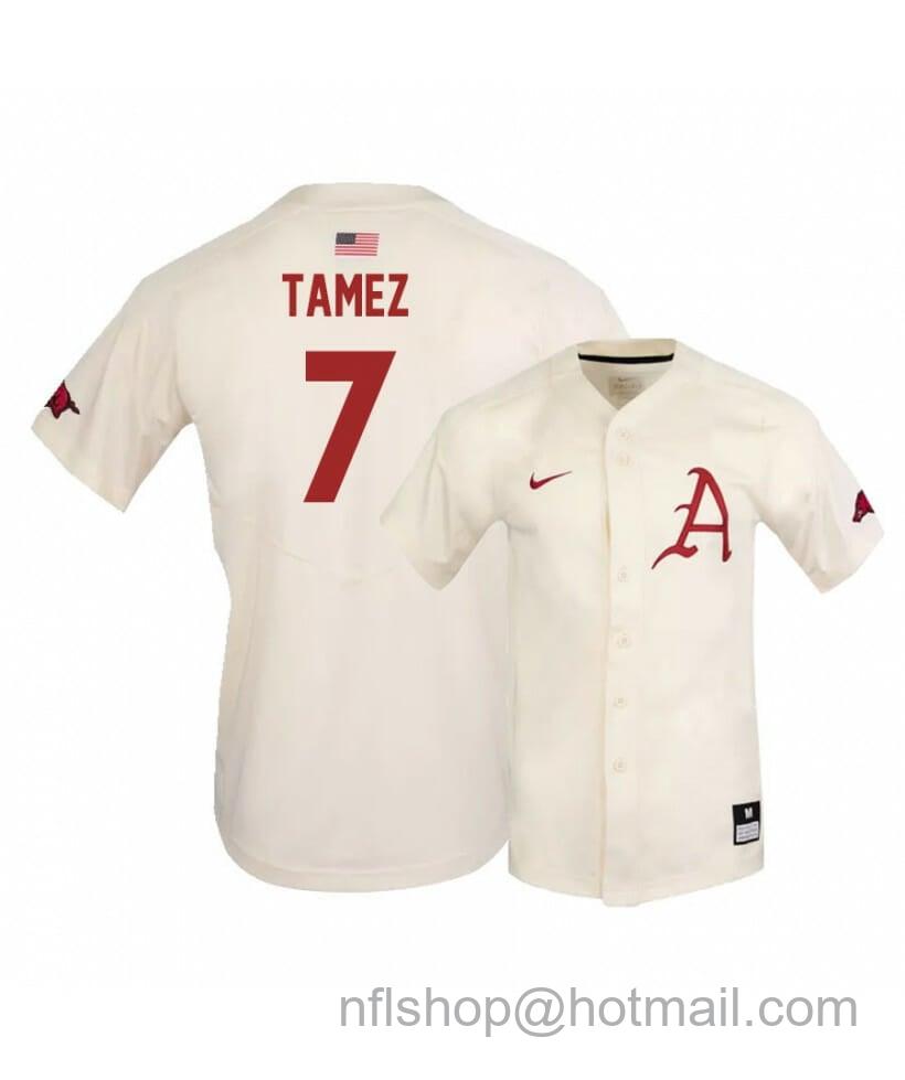 Men's Nike Arkansas Razorbacks 7 Dominic Tamez White Elite Baseball Jersey