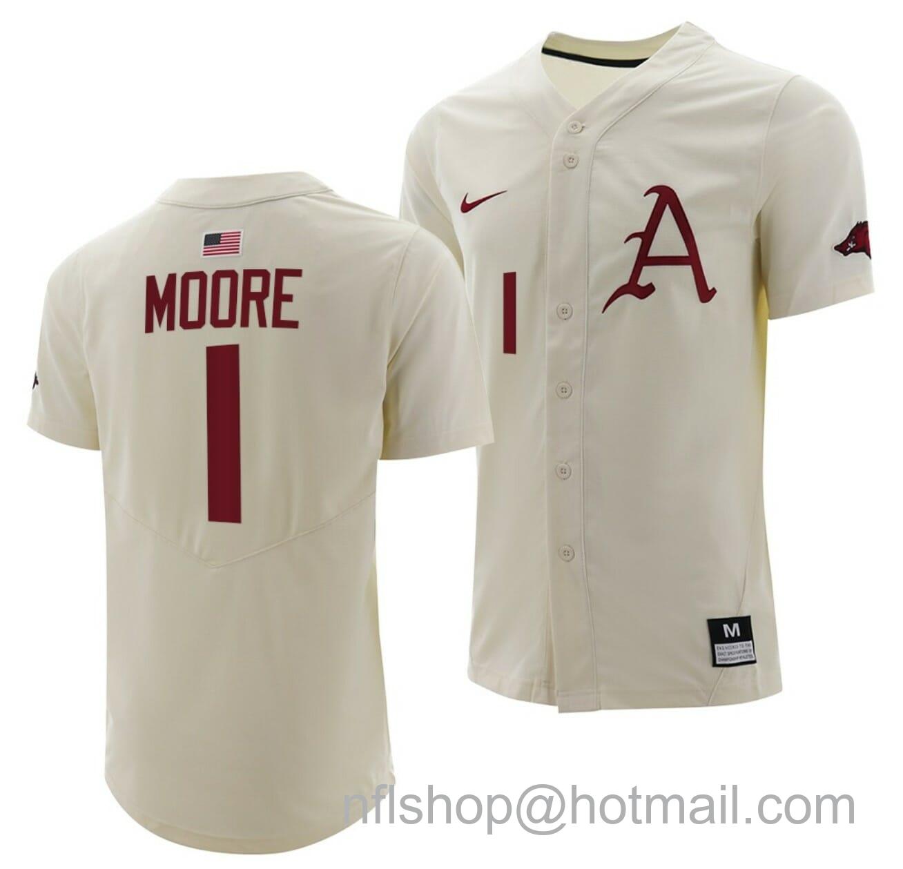 Men's Nike Robert Moore Jersey Arkansas Razorbacks Baseball NCAA College Full-Button Natural #1