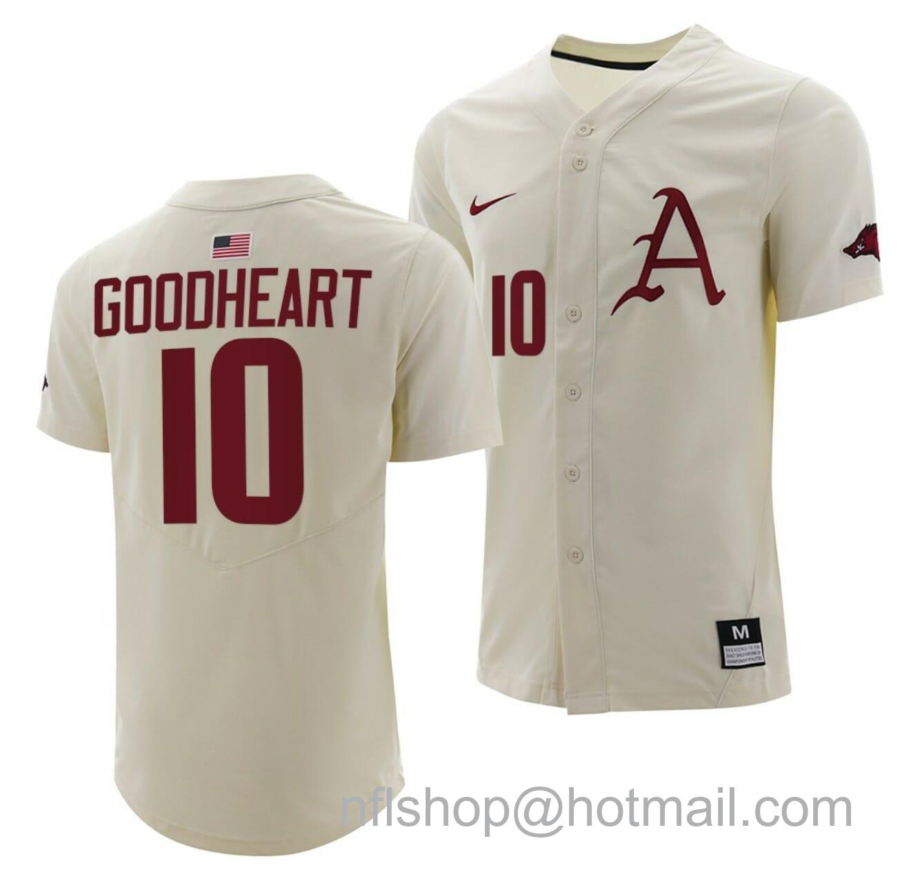 Men's Nike Matt Goodheart Jersey Arkansas Razorbacks College Baseball Full-Button Natural #10