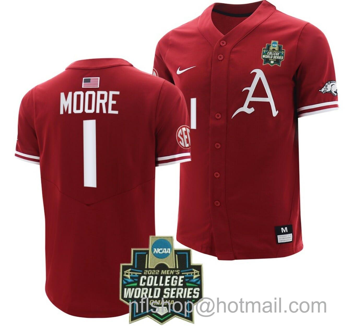 Men's Nike Robert Moore Jersey Arkansas Razorbacks Baseball NCAA College 2022 College World Series Cardinal #1