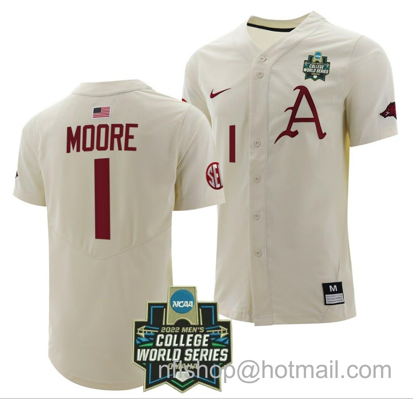 Men's Nike Robert Moore Jersey Arkansas Razorbacks Baseball NCAA 2022 College World Series White #1